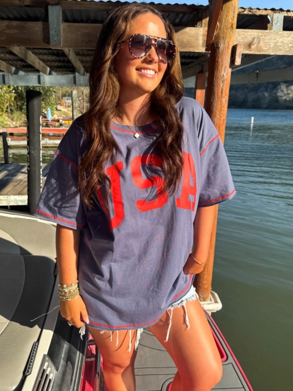 Oversized Blue 'USA' Graphic Tee with Red Lettering